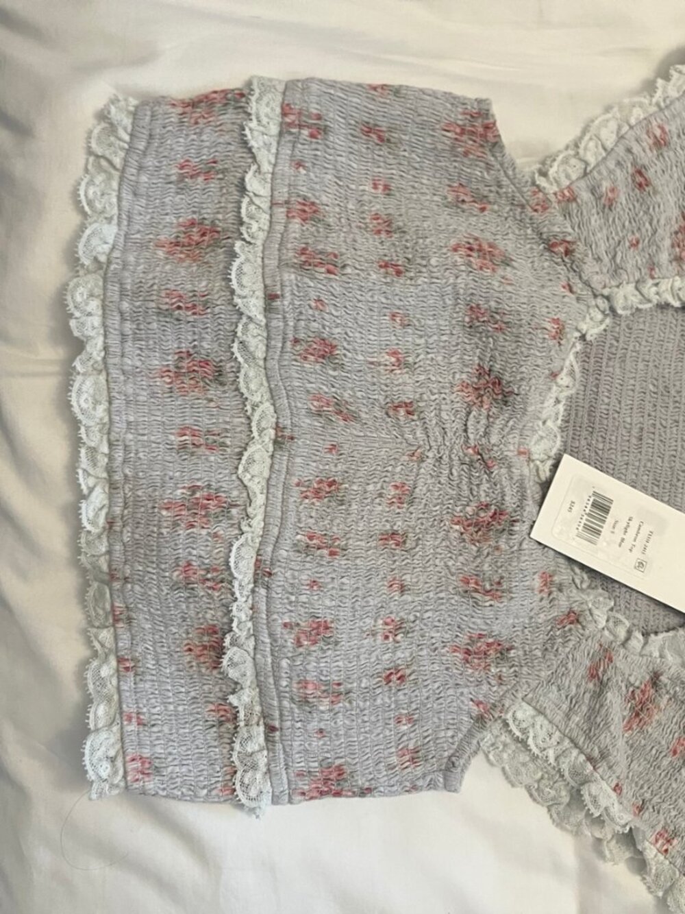 NWT LoveShackFancy Cambron Floral Smocked Lace Crop Top Skylight Blue Size S